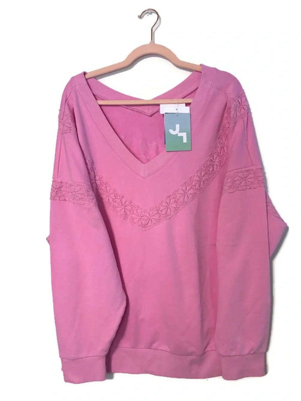 NWT Joy Lab Pink Oversized V Neck Crochet Trim Pullover Sweatshirt Women’s XL